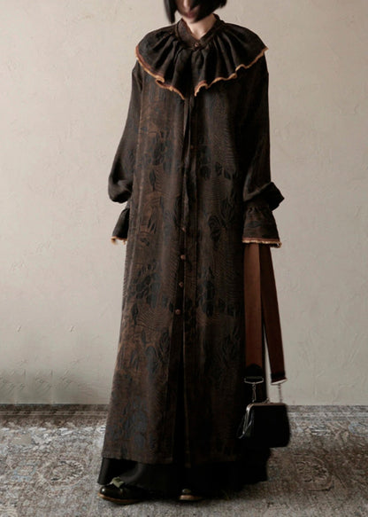Chocolate Ruffled Print Patchwork Silk Long Dress Spring