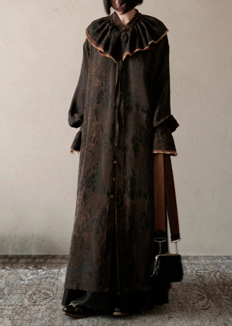 Chocolate Ruffled Print Patchwork Silk Long Dress Spring