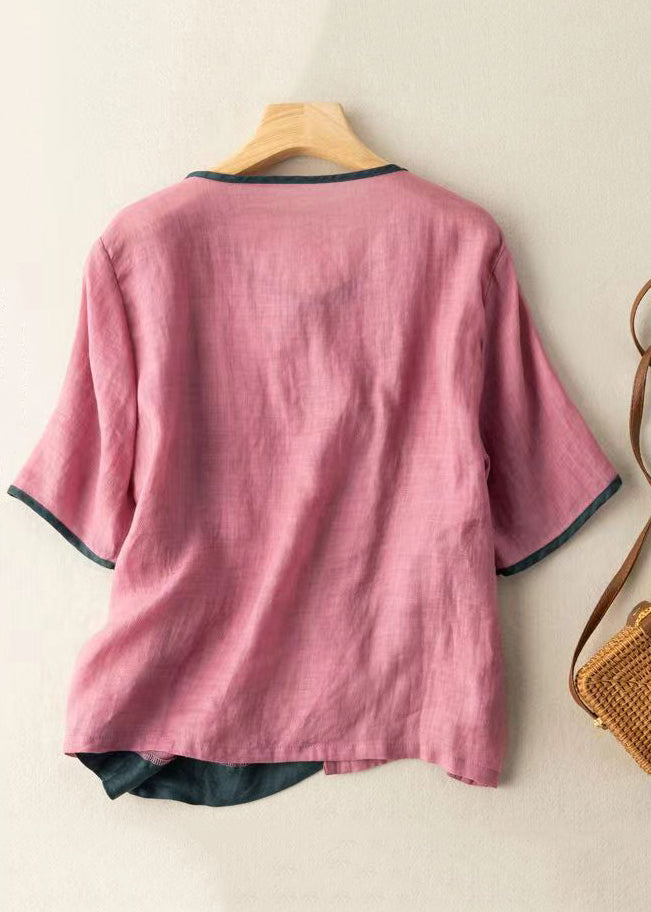Pink Asymmetrical Button Patchwork Cotton Shirt Summer