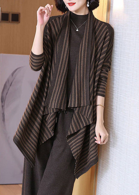 Coffee Striped Asymmetrical Cotton Knit Cardigan Spring