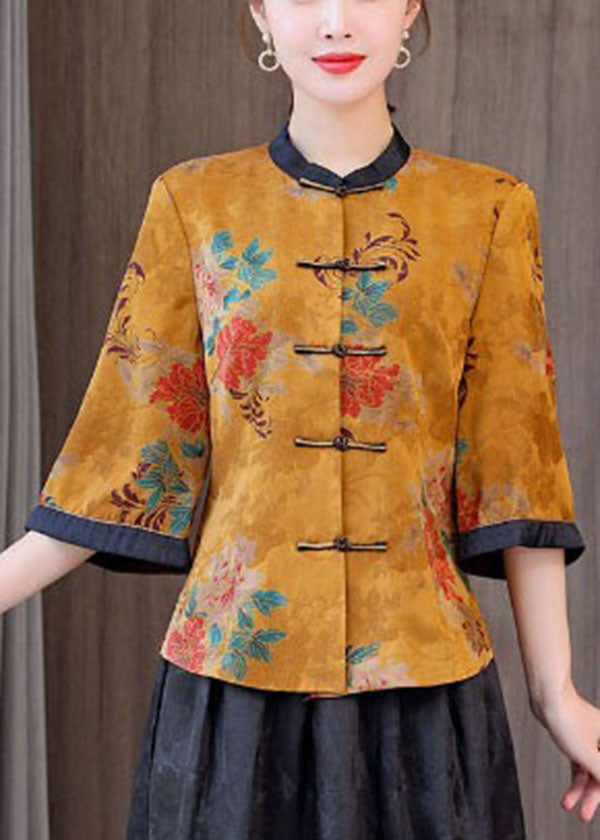 Retro Yellow Oriental Stand Collar Print Silk Tops and Skirts Two Pieces Set Half Sleeve