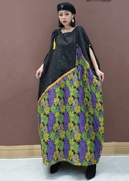 Black Green O-neck Patchwork Daisy Wrinkled Holiday Dress Short Sleeve