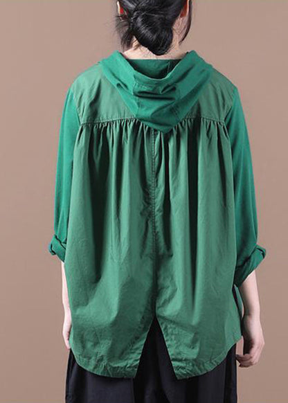 Green Patchwork Drawstring Hooded Sweatshirts Long Sleeve
