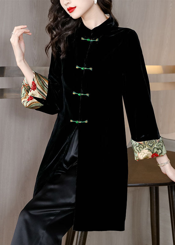 Black Stand Collar Patchwork Button Silk Velour Coat Bracelet Sleeve