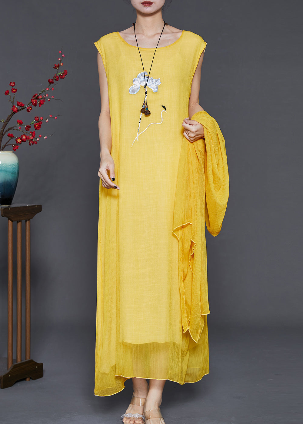 Yellow Embroidered Chiffon Two Pieces Set Summer