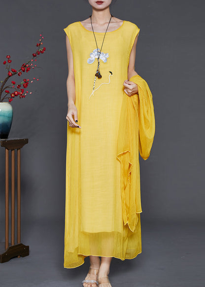 Yellow Embroidered Chiffon Two Pieces Set Summer