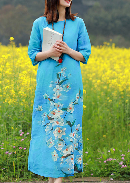 Boutique Blue O-neck Side Open Print Linen Long Dresses Half Sleeve