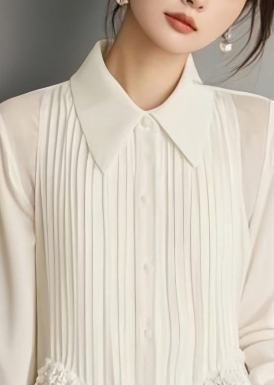 Art White Button Lace Chiffon Blouses Spring