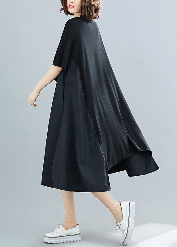 Simple Black O-neck Asymmetrical Patchwork Dresses Short Sleeve