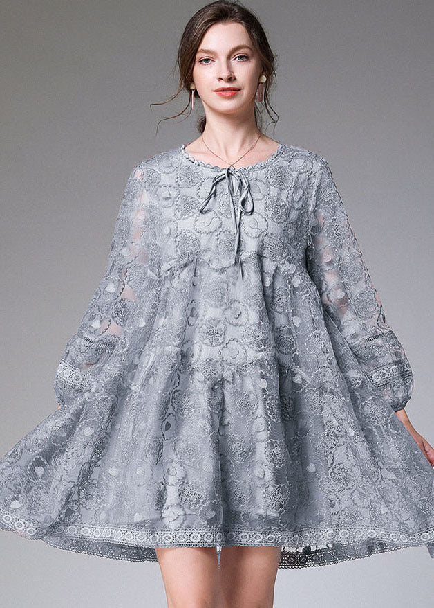 Blue Grey Hollow Out Lace Maxi Dress O-neck Embroideried Long Sleeve