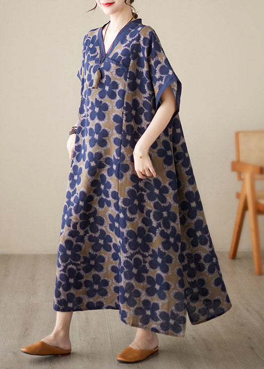 Blue V Neck Print Robe Dresses Short Sleeve