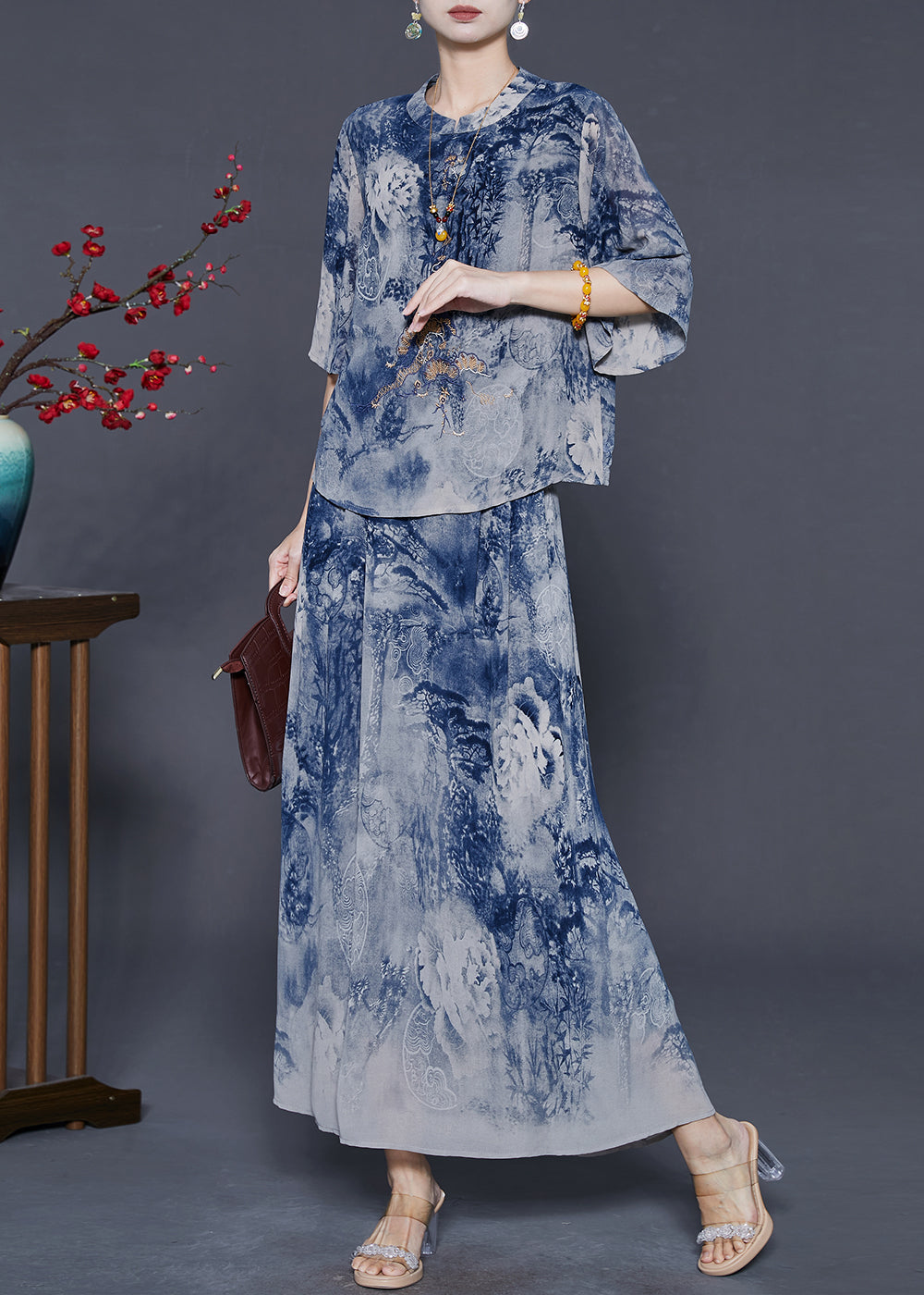 Blue Print Chiffon Two Piece Set Outfits Summer