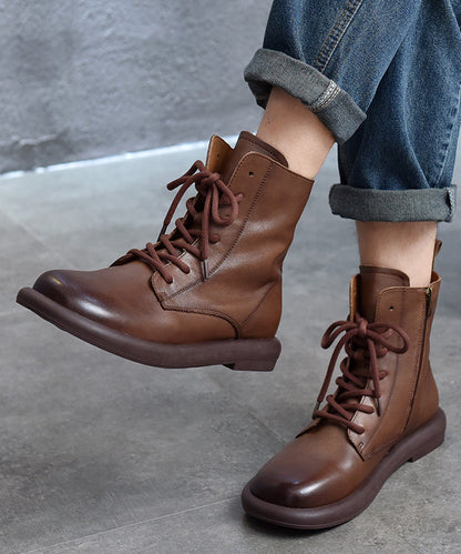 Cowhide Leather Boots Brown Splicing Cross Strap