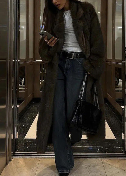 Brown Peter Pan Collar Pockets Faux Fur Coats Winter