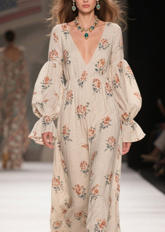 V Neck Print Patchwork Cotton Long Dresses Fall