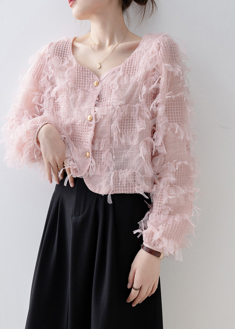 Pink Square Collar Tassel Patchwork Tulle Top Spring