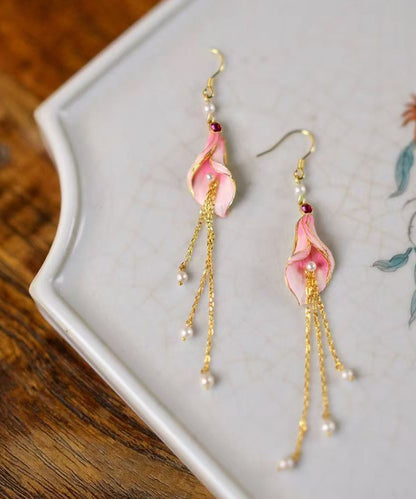 Pink Sterling Silver Overgild Pearl Horseshoe Lotus Tassel Drop Earrings
