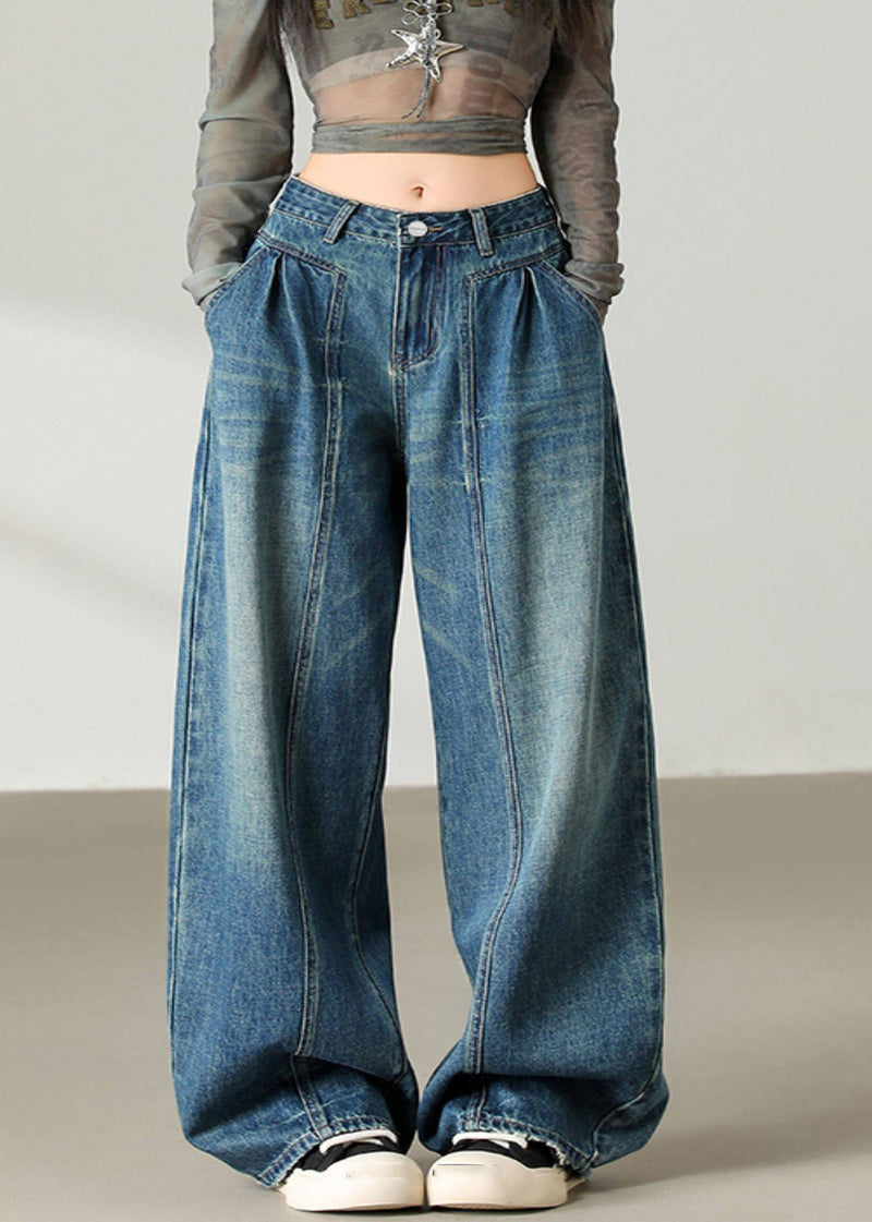 Blue Pockets Patchwork Wide Leg Jeans Spring