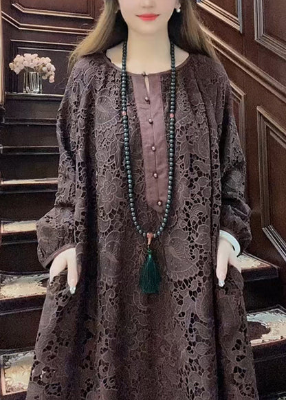 Coffee O-neck Hollow Out Lace Maxi Dress Long Sleeve