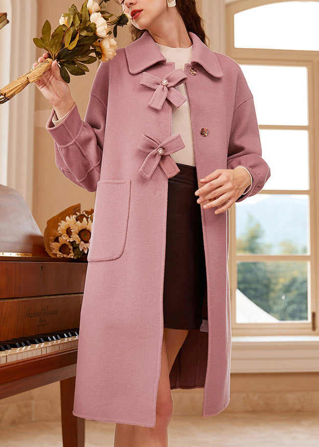 Pink Square Collar Bow Button Woolen Maxi Coat Spring
