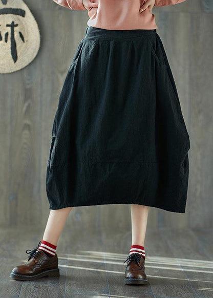 French Black Elastic Waist Lantern Cotton Linen Skirt Summer