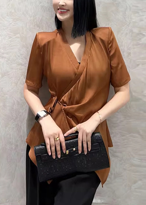 Caramel V Neck Tie Waist Shirt Short Sleeve