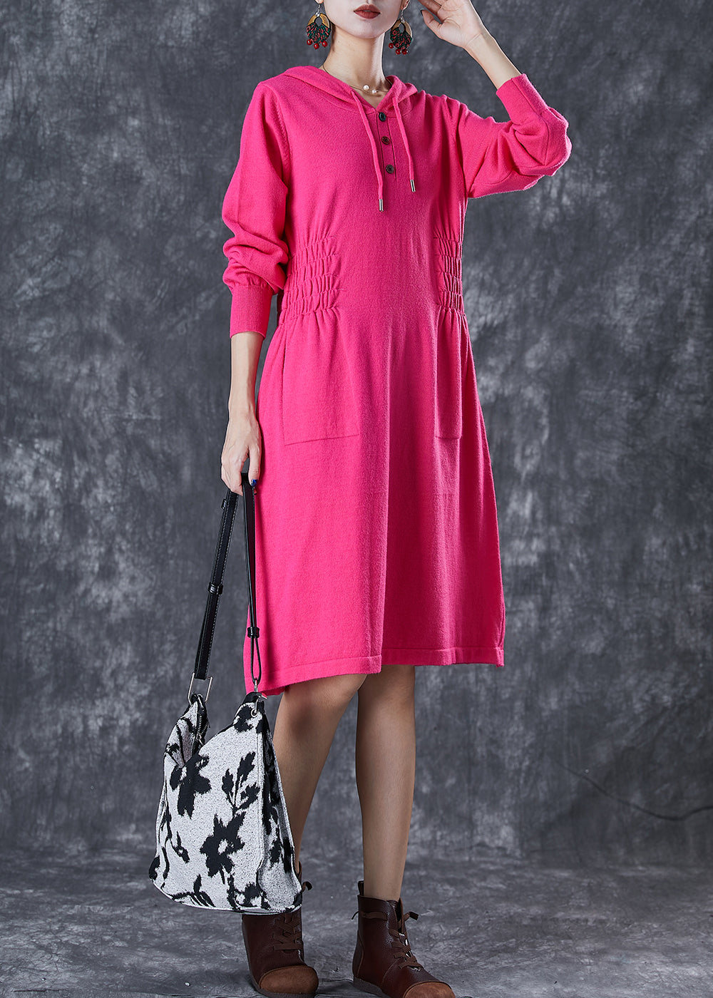 Rose Hooded Elastic Waist Knit Dresses Fall