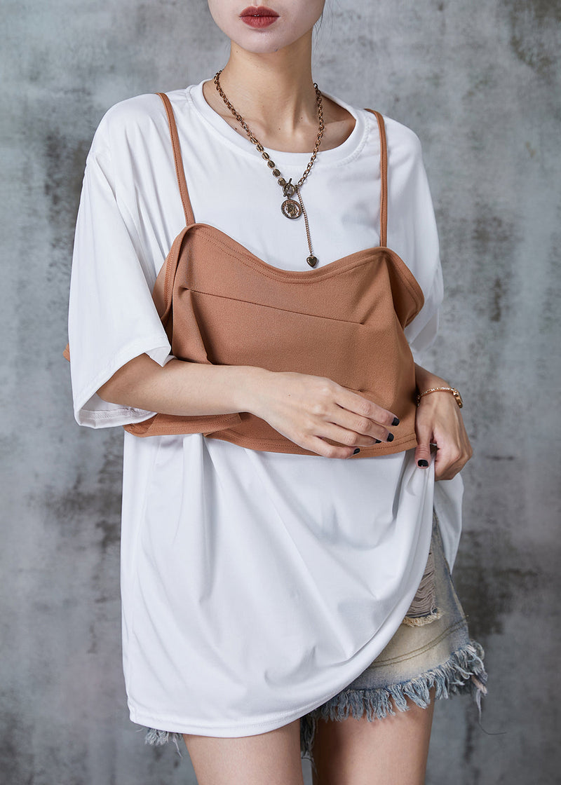 White Patchwork Cotton Fake Two Piece Tank Oversized Summer