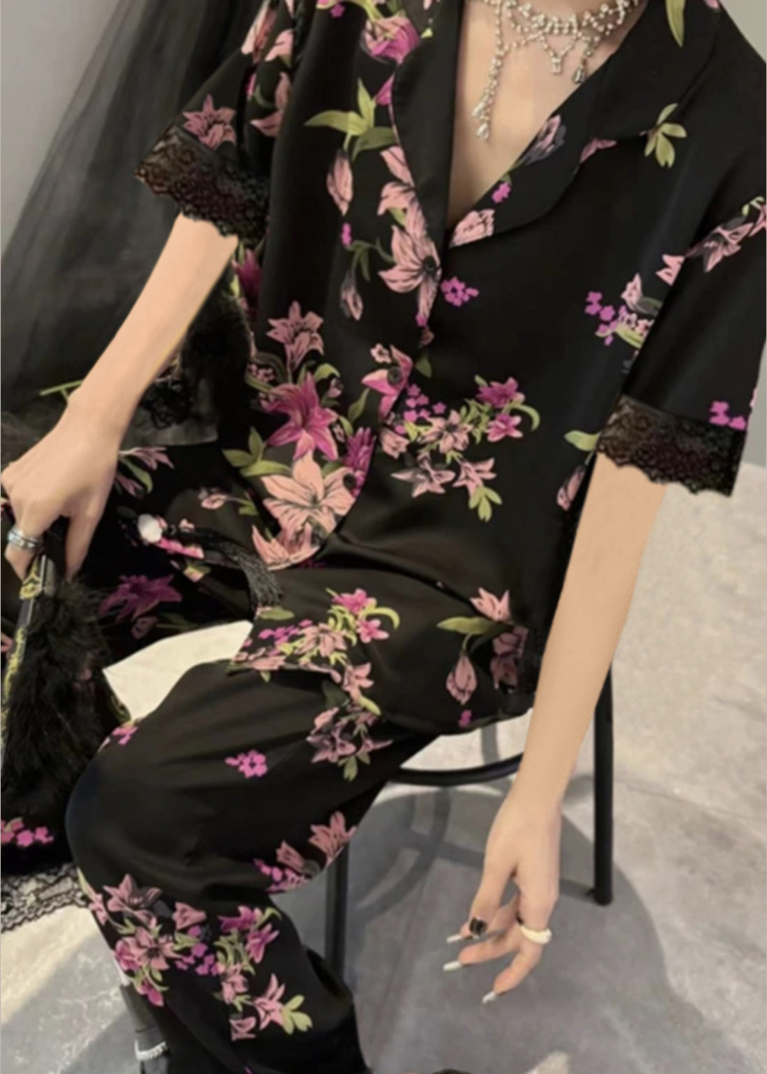 Black Notched Print Button Ice Silk Two Pieces Set Summer