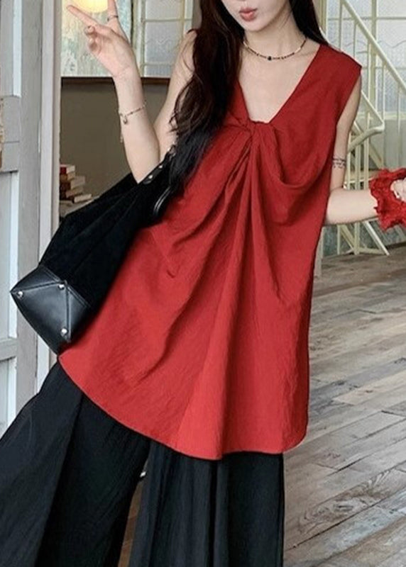 Red V Neck Wrinkled Top Sleeveless