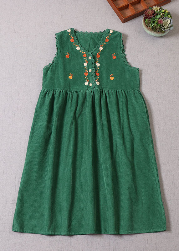 Green Embroideried Patchwork Corduroy Vacation Dresses Sleeveless