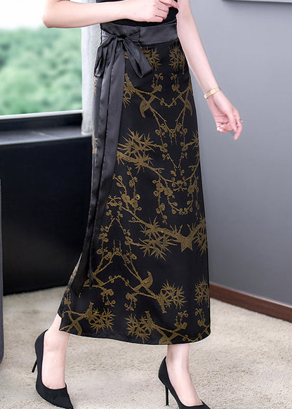 Diy Black Print High Waist Tie Waist Silk Maxi Skirts Fall