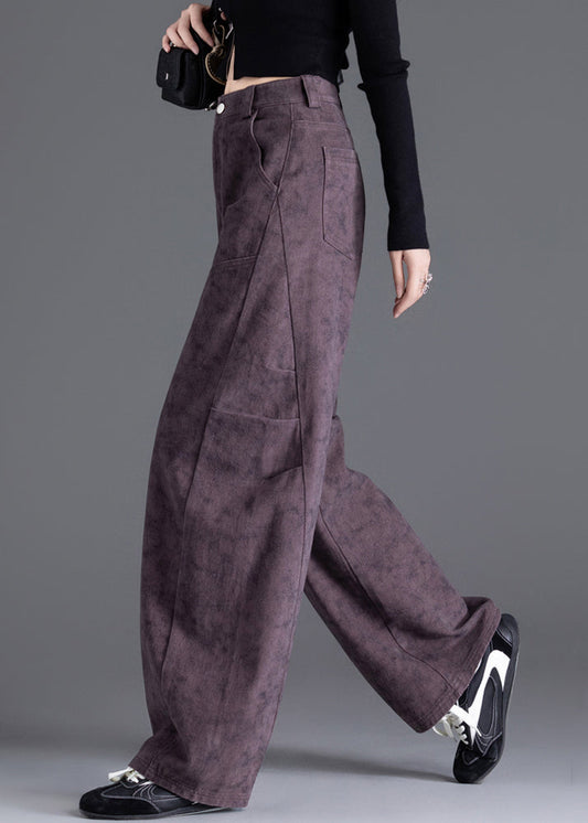 Purple Pockets Print Wrinkled Denim Pants Spring