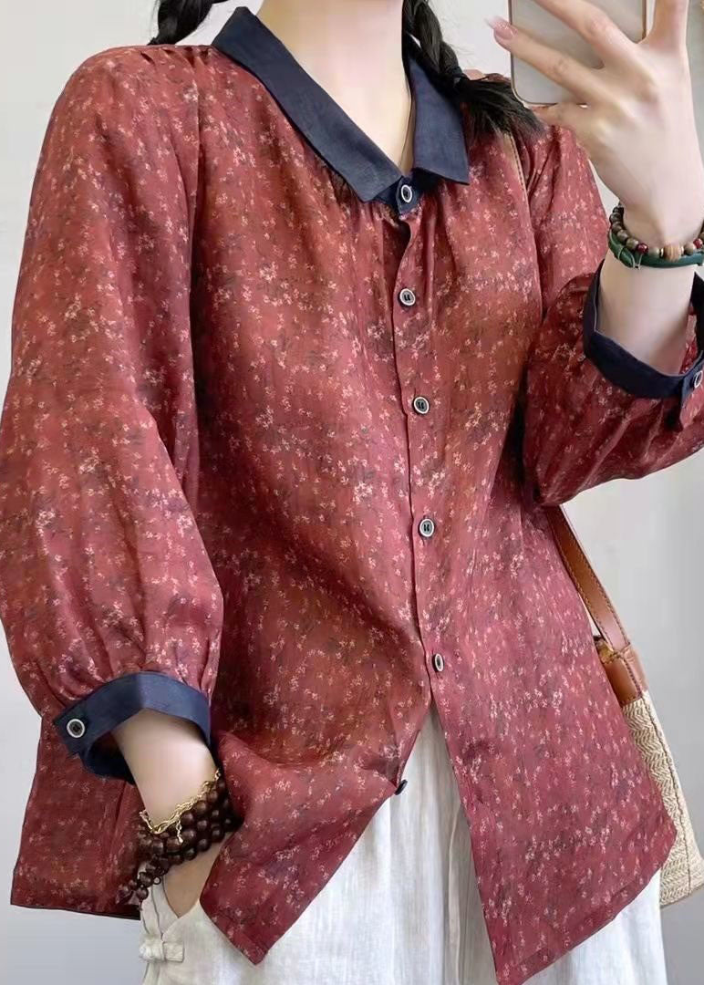 Brick Red Peter Pan Collar Print Linen Shirt Tops Summer