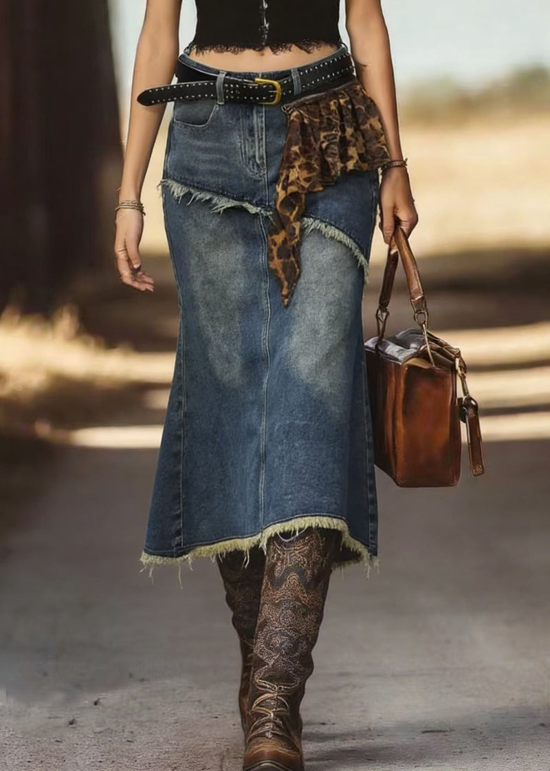 New Blue Fringed Fish Tail Denim Skirt Spring
