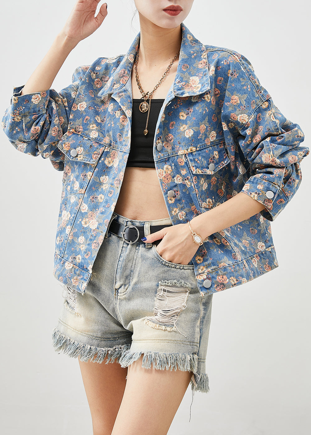 Blue Peter Pan Collar Print Denim Coats Spring