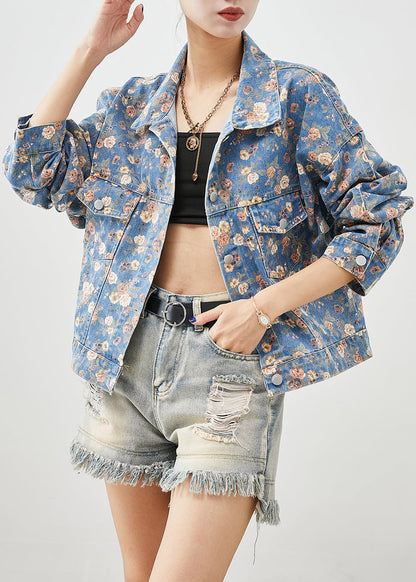 Blue Peter Pan Collar Print Denim Coats Spring