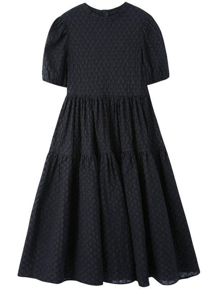 Simple Black Patchwork Puff Sleeve Summer Cotton Long Dresses
