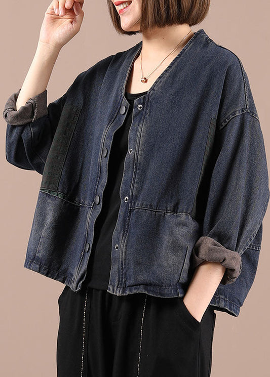 Blue Loose Pockets Button Fall Coat Long Sleeve