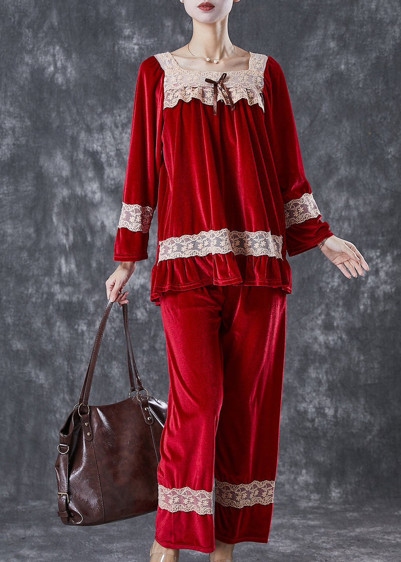 Mulberry Square Collar Lace Patchwork Silk Velour Two Pieces Set Fall