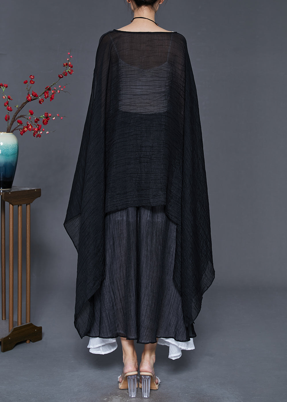 Black Asymmetrical Design Chiffon Long Tops Summer