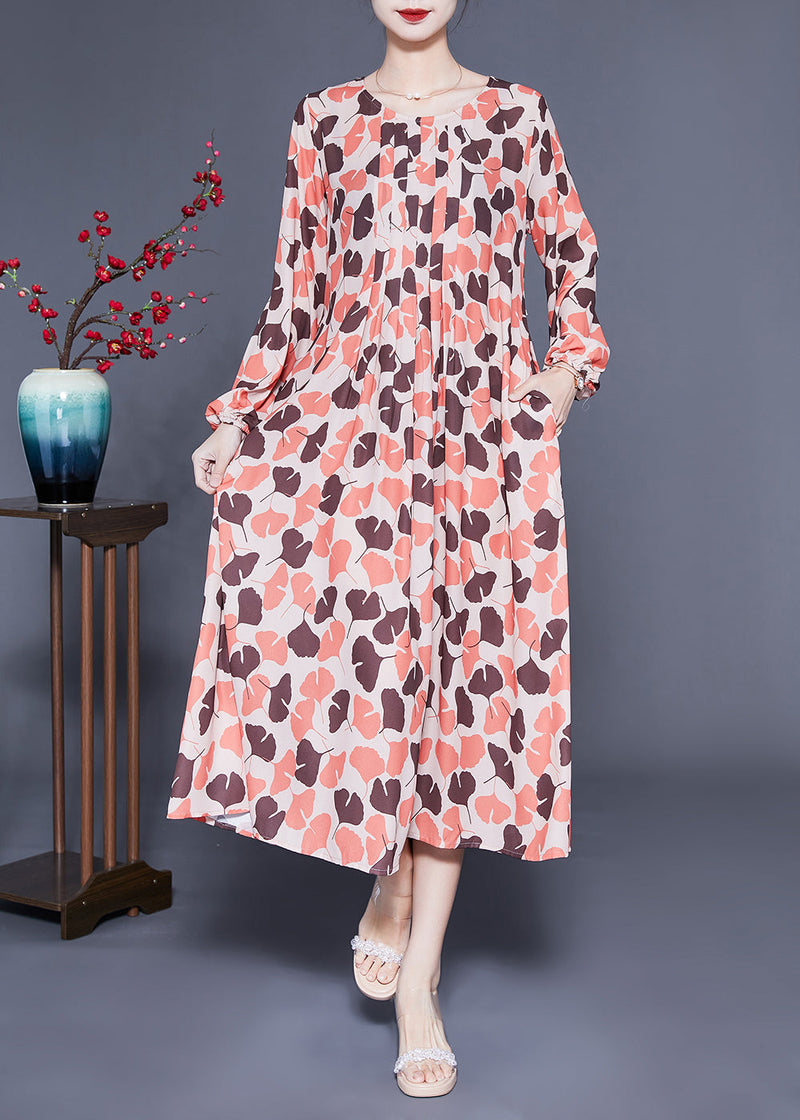 Orange Oversized Print Exra Large Hem Silk Pleated Dress Spring