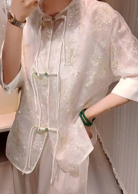 White Embroideried Chinese Button Patchwork Silk Blouses Summer