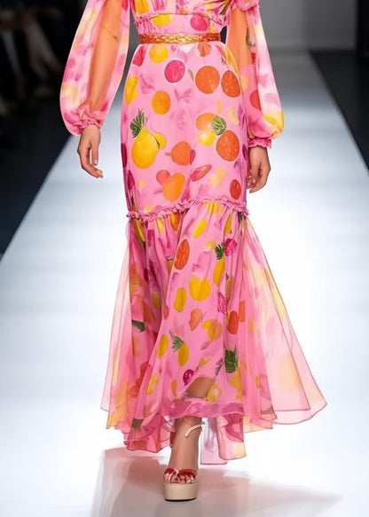 Silm Fit Pink Print Draping Chiffon Party Dresses Spring