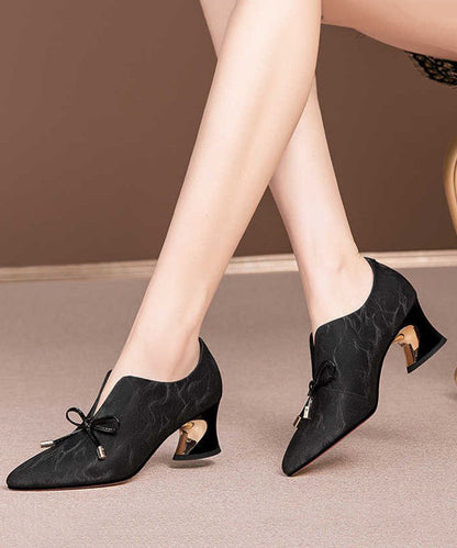 Bow Splicing Pointed Toe Chunky Black Cowhide Leather