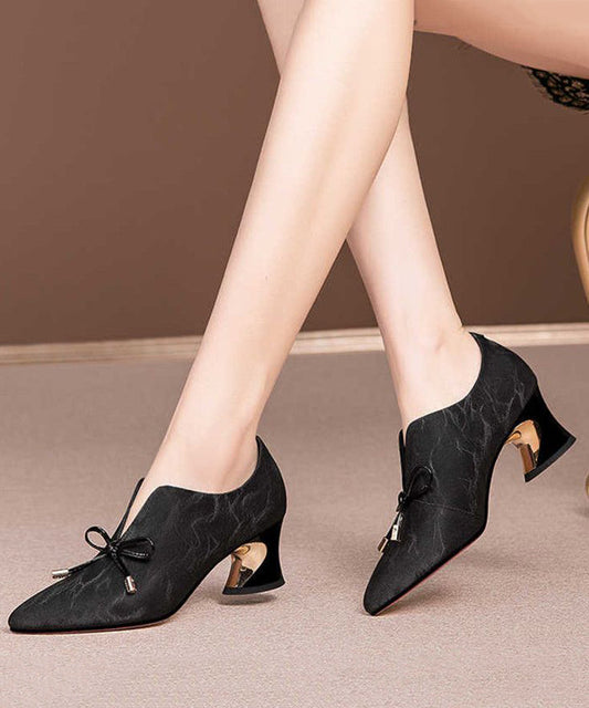Bow Splicing Pointed Toe Chunky Black Cowhide Leather