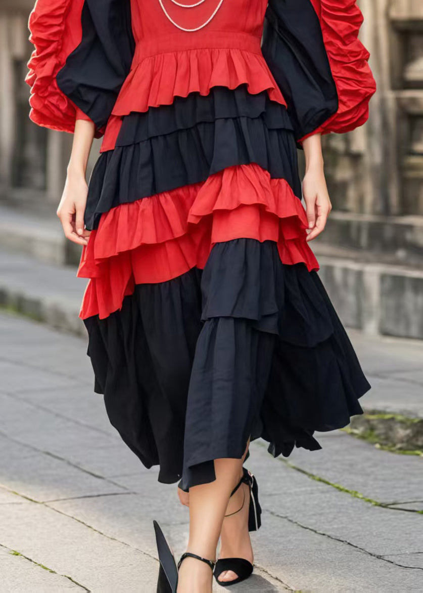 Colorblock V Neck Patchwork Wrinkled Cotton Dress Spring