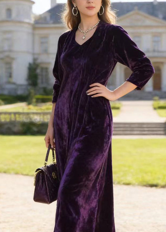 Purple V Neck Print Loose Velvet Dress Spring
