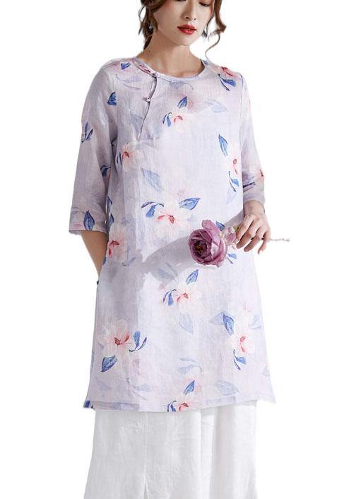 Grey Purple Side Open Print Summer Ramie Shirts Half Sleeve
