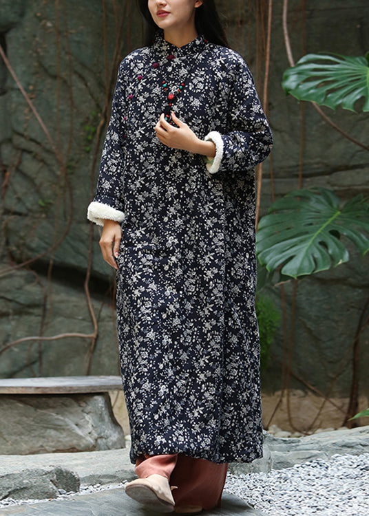 Black Print Button Patchwork Warm Fleece Maxi Dresses Winter